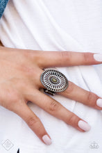 Load image into Gallery viewer, Brushed in a gritty antiqued silver matte, a grate-like frame spins around a Martini Olive beaded center for a rustic look. Features a stretchy band for a flexible fit.  Sold as one individual ring.      Sunset Sightings Fashion Fix October 2018   Always nickel and lead free.