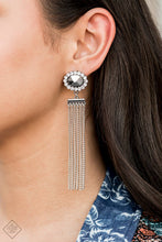Load image into Gallery viewer, Silver chains stream from the bottom of a faceted silver bead that has been nestled inside a ring of glittery white rhinestones, creating a flirtatious tassel. Earring attaches to a standard post fitting.