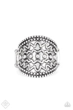 Load image into Gallery viewer, Studded and zigzagging textures are embossed across the front of a thick silver band for a tribal flair.