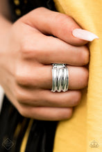 Load image into Gallery viewer, Brushed in a high-sheen finish, ribbed silver bands stack across the finger for an edgy industrial look. Features a stretchy band for a flexible fit.