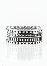 Load image into Gallery viewer, Dotted and studded in tribal inspired patterns, an antiqued silver band arcs across the finger in a handcrafted, artisan inspired fashion. Features a stretchy band for a flexible fit.  Sold as one individual ring.