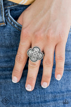 Load image into Gallery viewer,  Embossed in a whimsical floral pattern, a scalloped silver frame swirls atop the finger for a seasonal flair. Features a stretchy band for a flexible fit.