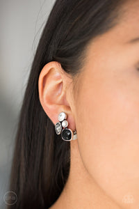 Infused with a dainty white pearl, mismatched black, smoky, and white rhinestones coalesce into a glittery frame. Earring attaches to a standard clip-on fitting.  Sold as one pair of clip-on earrings.     Always nickel and lead free.