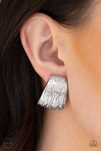 Load image into Gallery viewer, Rippling with shimmery textures, a glistening silver frame flares from the ear for a classic look. Earring attaches to a standard clip-on fitting.  Sold as one pair of clip-on earrings.   Always nickel and lead free.