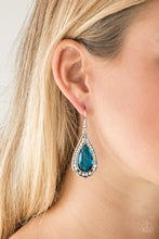 Load image into Gallery viewer, Featuring a regal teardrop cut, a blue gem is pressed into a silver spade shape frame radiating with glassy white rhinestones for a refined look. Earring attaches to a standard fishhook fitting.  Sold as one pair of earrings.   Always nickel and lead free