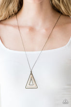 Load image into Gallery viewer, Infused with an elongated brass chain, glistening gold and brass triangular frames layer into a gorgeously stacked pendant for an edgy look. Features an adjustable clasp closure.  Sold as one individual necklace. Includes one pair of matching earrings.  Always nickel and lead free.