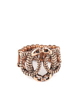 Load image into Gallery viewer, Etched in edgy asymmetrical textures, three glistening copper rings link across the finger, creating a bold industrial centerpiece. Features a stretchy band for a flexible fit.  Sold as one individual ring.  Always nickel and lead free.