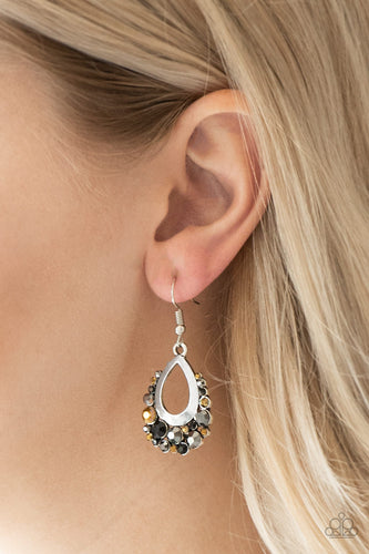 Varying in size, glittery aurum, black, and hematite rhinestones encrust the bottom of a shimmery silver teardrop for a refined look. Earring attaches to a standard fishhook fitting.  Sold as one pair of earrings. 