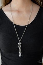 Load image into Gallery viewer, A collection of gray pearls, shiny silver beads, and glassy white teardrops trickle along an extended chain that swings from the bottom of a classic silver chain. An over sized teardrop swings from the bottom of the extension, creating a whimsical pendant. Features an adjustable clasp closure.  Sold as one individual necklace. Includes one pair of matching earrings.  Always nickel and lead free.