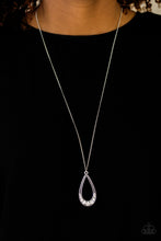 Load image into Gallery viewer, Swinging from the bottom of an elongated silver chain, the bottom of a glistening silver teardrop is encrusted in glassy white rhinestones, creating a refined pendant. Features an adjustable clasp closure.  Sold as one individual necklace. Includes one pair of matching earrings.  Always nickel and lead free.