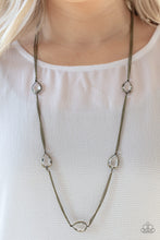 Load image into Gallery viewer, Glassy white teardrops attach to sections of antiqued brass chain across the chest, creating a refined display. Features an adjustable clasp closure.  Sold as one individual necklace. Includes one pair of matching earrings.  Always nickel and lead free.
