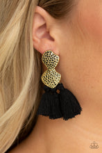 Load image into Gallery viewer, Delicately hammered in glistening textures, two asymmetrical brass frames link into an abstract lure. Three black threaded tassels swing from the bottom of the rustic frame for a trendy finish. Earring attaches to a standard post fitting.  Sold as one pair of post earrings.  Always nickel and lead free.