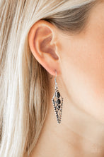 Load image into Gallery viewer, Varying in shape, three dainty black beads are encrusted down the center of an ornate triangular frame for a tribal inspired look. Earring attaches to a standard fishhook fitting.  Sold as one pair of earrings.  Always nickel and lead free.