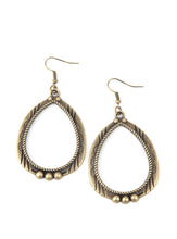 Load image into Gallery viewer, Decorated in metallic rope-like textures, a studded brass teardrop is stamped and etched in tribal inspired patterns for a rustic flair. Earring attaches to a standard fishhook fitting. Sold as one pair of earrings.