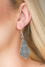 Load image into Gallery viewer, Radiating with tribal inspired patterns, a flared silver frame swings from the ear in an edgy fashion. Rows of dainty hematite rhinestones are pressed into the lure for a shimmery finish. Earring attaches to a standard fishhook fitting.  Sold as one pair of earrings.  Always nickel and lead free.