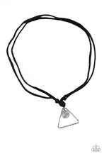 Load image into Gallery viewer, A hammered triangle and textured silver disc featuring a stenciled tree pattern are knotted in place at the bottom of black leather strands for a seasonal look. Features an adjustable sliding knot closure. Sold as one individual necklace.