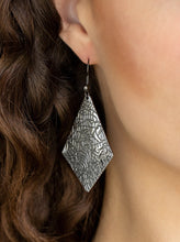 Load image into Gallery viewer, Stamped in glistening textures, a gunmetal kite-like frame swings from the ear for a casual look.  Earring attaches to a standard fishhook fitting.  Sold as one pair of earrings.