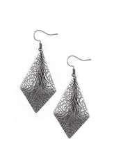 Load image into Gallery viewer, Stamped in glistening textures, a gunmetal kite-like frame swings from the ear for a casual look.  Earring attaches to a standard fishhook fitting.  Sold as one pair of earrings.