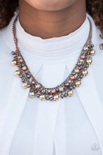 Load image into Gallery viewer, Glistening gold, gunmetal, and copper beads dangle from the bottom of two copper chains, creating a doubled fringe below the collar. Features an adjustable clasp closure.  Sold as one individual necklace. Includes one pair of matching earrings.  Always nickel and lead free.