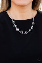Load image into Gallery viewer, Featuring shimmery silver frames, imperfect smoky gems link below the collar for a glamorous vintage inspired look. Features an adjustable clasp closure.  Sold as one individual necklace. Includes one pair of matching earrings.   Always nickel and lead free.
