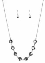 Load image into Gallery viewer, Necklace and Earrings:  Featuring shimmery silver frames, imperfect smoky gems link below the collar for a glamorous vintage inspired look. Features an adjustable clasp closure.  Bracelet:  Featuring shimmery silver frames, imperfect smoky gems link around the wrist for a glamorous vintage inspired look. Features an adjustable clasp closure.  Sold as one individual necklace, set of earrings, and bracelet.