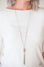Load image into Gallery viewer, A white rhinestone encrusted bead and dramatic brown pearl swing from the bottom of a shimmery silver chain featuring sections of dainty brown pearls for a refined look. A shiny silver tassel swings from the bottom of the refined pendant for a flirty finish. Features an adjustable clasp closure.  Sold as one individual necklace. Includes one pair of matching earrings.  Always nickel and lead free!