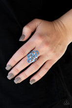 Load image into Gallery viewer, Painted in a shiny blue finish, glistening silver ribbons whirl around dainty white rhinestones, coalescing into a whimsical frame atop the finger. Features a stretchy band for a flexible fit.  Sold as one individual ring. Always nickel and lead free. 