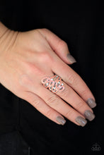 Load image into Gallery viewer, Painted in a shiny orange finish, glistening silver ribbons whirl around dainty white rhinestones, coalescing into a whimsical frame atop the finger. Features a stretchy band for a flexible fit.  Sold as one individual ring. Always nickel and lead free. 