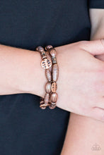 Load image into Gallery viewer, Etched and hammered in tribal inspired patterns, shimmery copper beads are threaded along stretchy bands that have been linked together around the wrist for a seasonal look.  Sold as one individual bracelet.  Always nickel and lead free.