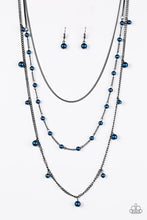 Load image into Gallery viewer, A glistening gunmetal chain gives way to layers of gunmetal chains featuring blue pearls. Varying in shape and shimmer, the mismatched chain drape across the chest in a refined fashion. Features an adjustable clasp closure.  Sold as one individual necklace. Includes one pair of matching earrings.