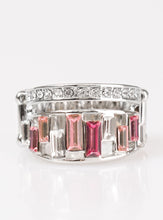 Load image into Gallery viewer, A row of emerald cut glass beads in shades of pink and white sparkle alongside a row of classic rhinestones.  Sold as one individual ring.