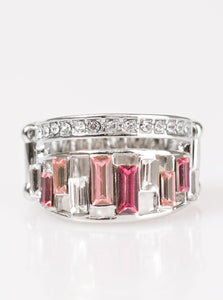 A row of emerald cut glass beads in shades of pink and white sparkle alongside a row of classic rhinestones.  Sold as one individual ring.