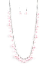 Load image into Gallery viewer, Varying in size, bubbly pink pearls trickle along a shimmery silver chain for a refined look. Features an adjustable clasp closure.  Sold as one individual necklace. Includes one pair of matching earrings.
