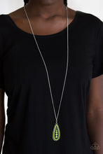 Load image into Gallery viewer, Brushed in a vivacious green finish, a bubbly silver teardrop swings from the bottom of an elongated silver chain for a tribal inspired look. Features an adjustable clasp closure.  Sold as one individual necklace. Includes one pair of matching earrings.  Always nickel and lead free.
