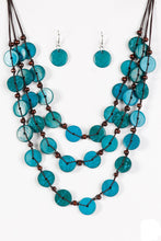 Load image into Gallery viewer, Tinted in blue finishes, shiny wooden discs trickle along shiny brown cording, creating three colorful layers below the collar. Features a button-loop closure.  Sold as one individual necklace. Includes one pair of matching