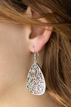 Load image into Gallery viewer, Dotted in texture, leafy silver filigree climbs an asymmetrical silver frame, creating a seasonal lure. Earring attaches to a standard fishhook fitting.  Sold as one pair of earrings.   Always nickel and lead free.