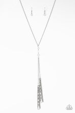 Load image into Gallery viewer, Dainty silver pearls and sparkling white crystal-like beads gives way to two shimmery silver chain tassels. Infused with ornate silver beads, strands of matching beads trickle down the tassels for a refined flair. Features an adjustable clasp closure.  Sold as one individual necklace. Includes one pair of matching earrings.  Always nickel and lead free.