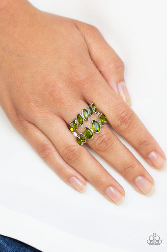 Increasing in size near the center, a row of green marquise style rhinestones stacks above a row of green teardrop rhinestones for a timelessly stacked look. Features a stretchy band for a flexible fit.  Sold as one individual ring.  Always nickel and lead free.