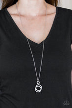 Load image into Gallery viewer, Encrusted in radiant white rhinestones, three silver hoops interlock at the bottom of an elongated silver chain for an elegant look. Features an adjustable clasp closure.  Sold as one individual necklace. Includes one pair of matching earrings.  Always nickel and lead free.