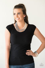 Load image into Gallery viewer, Necklace:  Joined together by a hammered silver fitting, strands of white, silver, and dark gray pearls cascade below the collar, creating an elegant ombre effect. Features an adjustable clasp closure.  Bracelet:  Joined together by a hammered silver fitting, white, silver, and dark gray pearls are threaded along stretchy bands, creating an elegant ombre effect around the wrist.  Sold as one individual necklace, earrings, and bracelet.  Always nickel and lead free.