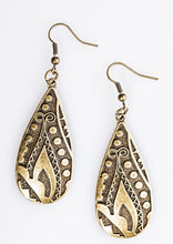 Load image into Gallery viewer, Embossed in tactile textures, a glistening brass teardrop swings from the ear in a seasonal fashion. Earring attaches to a standard fishhook fitting.  Sold as one pair of earrings.