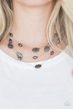 Load image into Gallery viewer, Featuring smooth and delicately hammered finishes, mismatched gunmetal beads are threaded along dainty silver wires, creating floating layers below the collar. Features an adjustable clasp closure.  Sold as one individual necklace. Includes one pair of matching earrings.  Always nickel and lead free.