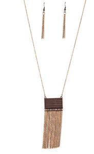Radiating with glistening copper textures, a rectangular frame gives way to a dainty copper chain tassel for a seasonal look. Features an adjustable clasp closure. Sold as one individual necklace. Includes one pair of matching earrings.