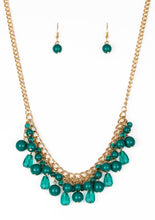 Load image into Gallery viewer, Varying in shape, glassy and polished Quetzal Green beads swing from the bottom of interlocking gold chains. Crystal-like teardrops are sprinkled along the colorful beading, creating a flirtatious fringe below the collar. Features an adjustable clasp closure.  Sold as one individual necklace. Includes one pair of matching earrings. 