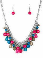 Load image into Gallery viewer, Varying in shape, glassy and polished blue, green, and pink beads swing from the bottom of interlocking silver chains. Crystal-like teardrops are sprinkled along the colorful beading, creating a flirtatious fringe below the collar. Features an adjustable clasp closure.  Sold as one individual necklace. Includes one pair of matching earrings. 