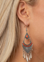 Load image into Gallery viewer, Featuring Amberglow beaded accents, mismatched studded and geometrically embossed silver frames give way to a fringe of flared silver bars for an edgy finish. Earring attaches to a standard fishhook fitting.   Sold as one pair of earrings.   Always nickel and lead free