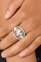 Load image into Gallery viewer, White rhinestone encrusted bands flank a row of emerald cut glass beads in shades of white for a regal look. Features a stretchy band for a flexible fit.  Sold as one individual ring.  Always nickel and lead free.