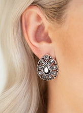Load image into Gallery viewer, A silver teardrop frame is encrusted in glittery hematite rhinestones, creating a sparkling floral frame. Earring attaches to a standard post fitting.  Sold as one pair of post earrings.