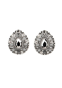 A silver teardrop frame is encrusted in glittery hematite rhinestones, creating a sparkling floral frame. Earring attaches to a standard post fitting. Sold as one pair of post earrings.