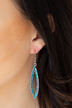 Load image into Gallery viewer,   Encrusted in glittery blue rhinestones, ribbons of silver delicately fold into an abstract teardrop for a classic look. Earring attaches to a standard fishhook fitting.  Sold as one pair of earrings. Always nickel and lead free.